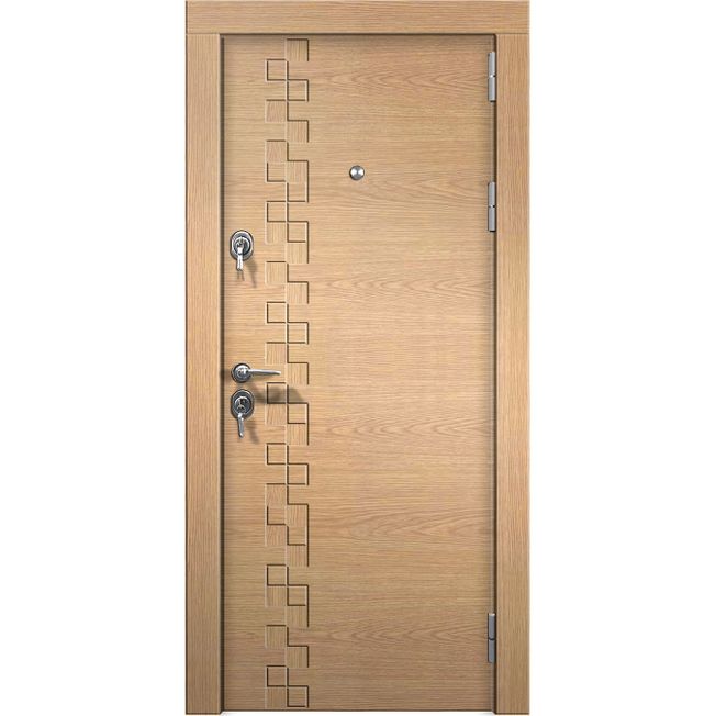 Įėjimo / ,,šarvo“ durys, išorinės panelės natūralus medžio lukštas. Modelis 308-2