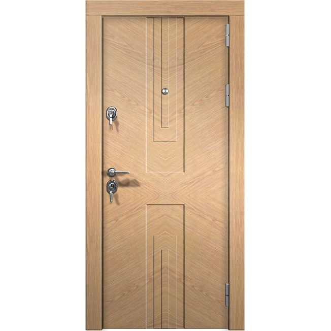 Įėjimo / ,,šarvo“ durys, išorinės panelės natūralus medžio lukštas. Modelis 303