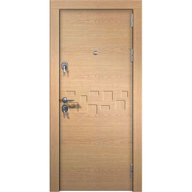 Įėjimo / ,,šarvo“ durys, išorinės panelės natūralus medžio lukštas. Modelis 309